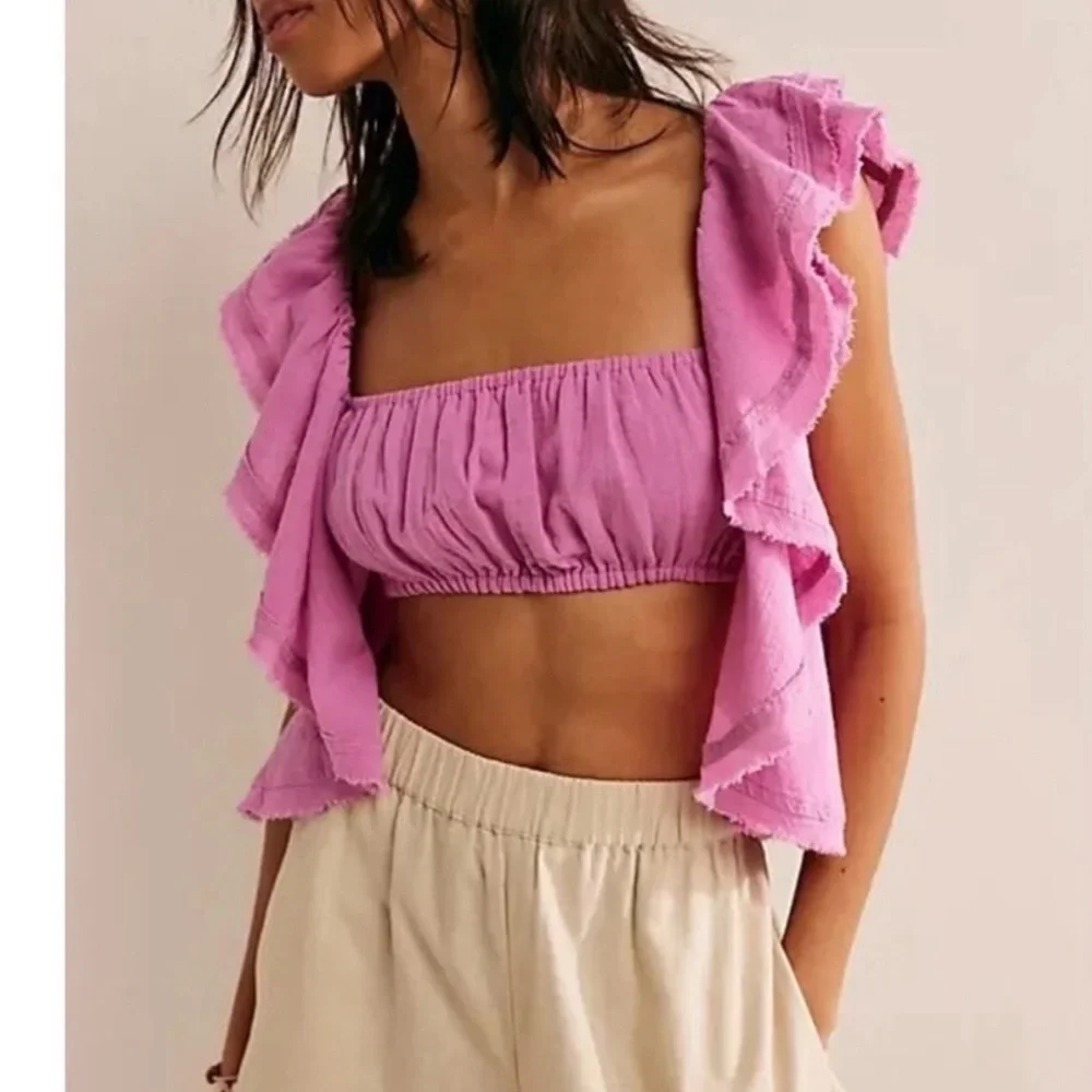 Free People Pink Ruffle Crop Top - Picture 1 of 4